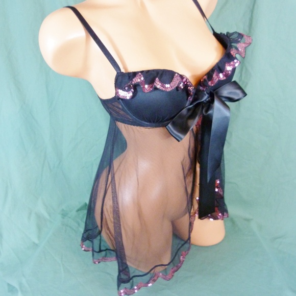 Victorias Secret 34C Medium Black Baby Doll Lingerie Sequin Bling - Picture 3 of 8
